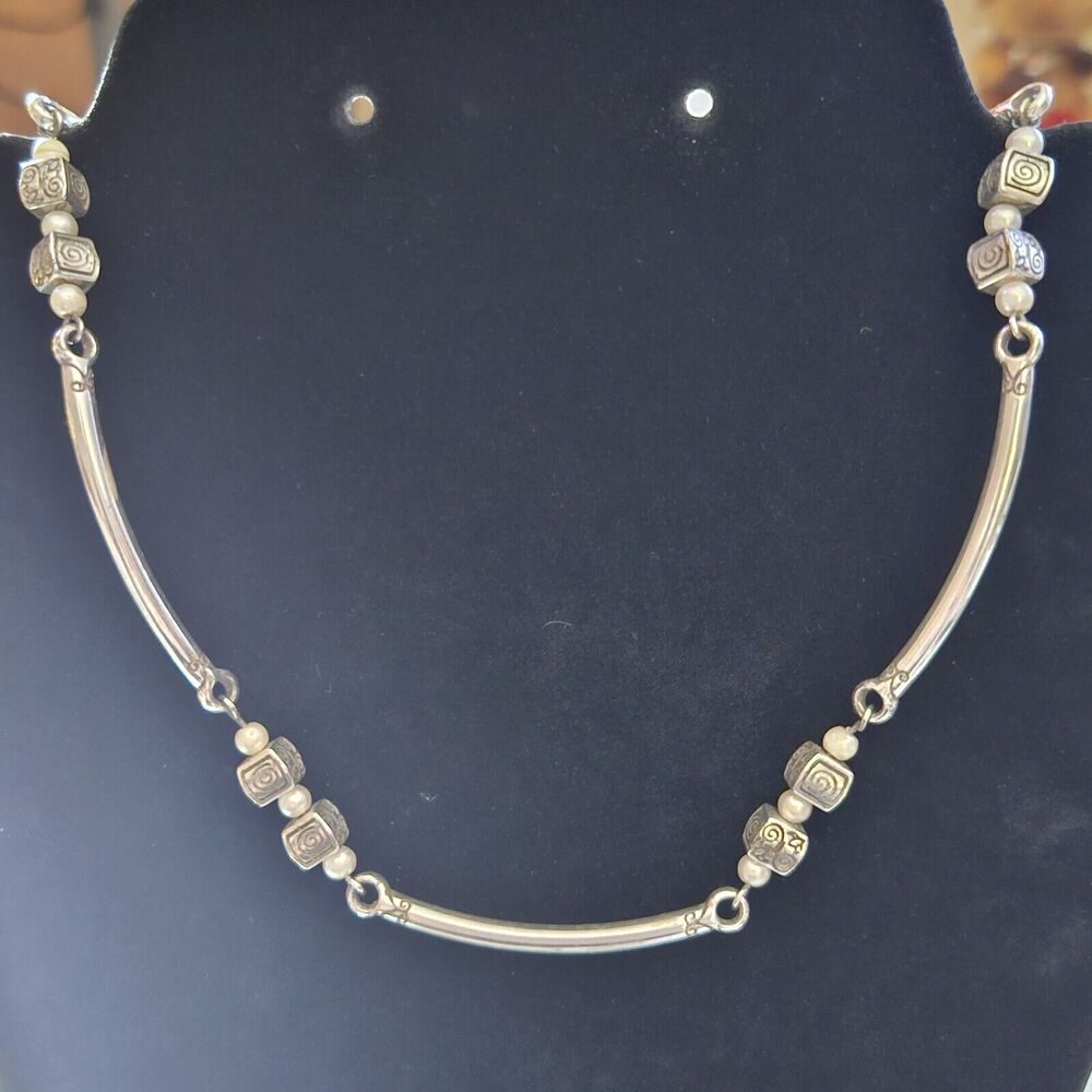 Brighton Retired Pearl Silver Collar Bar And Essex Bead Necklace 17"
